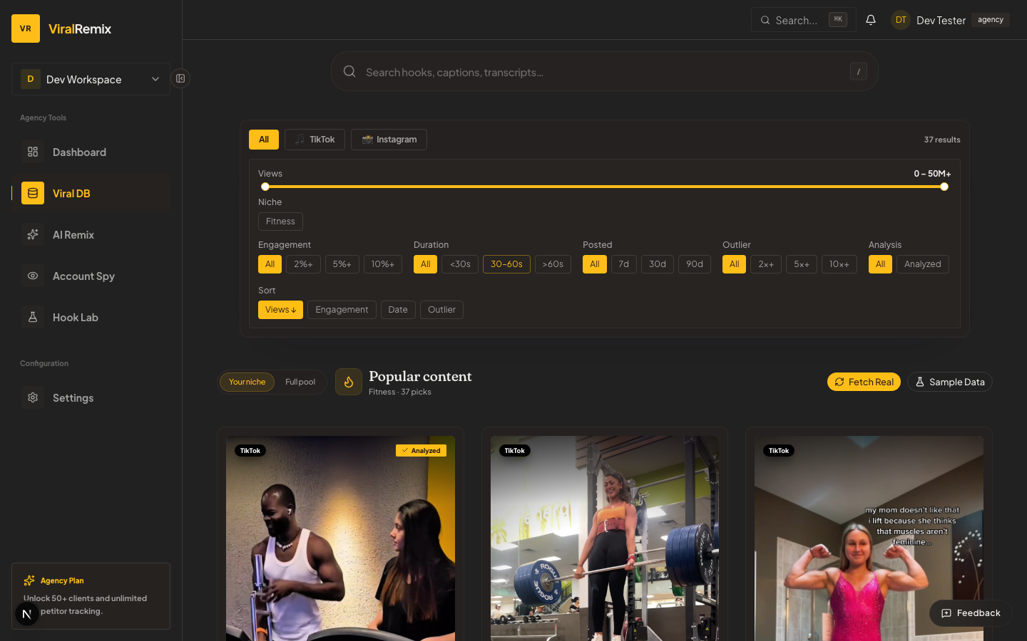 Viral content database with natural-language search across niches and platforms